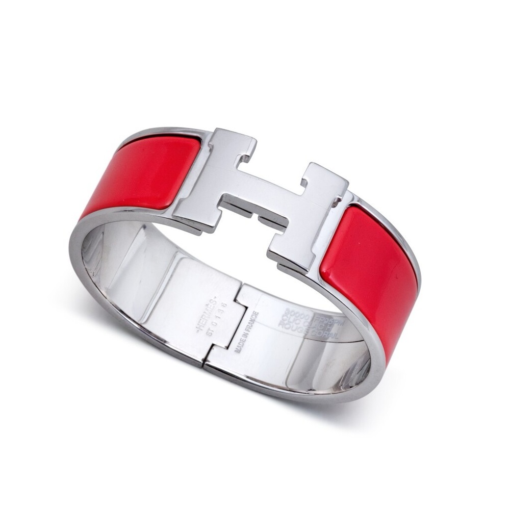 Hermes Rouge Corail and Palladium Metal and Enamel Wide Clic Clac H Bracelet PM